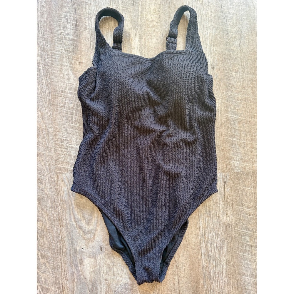 Kona Sol Womens Black Textured Smocked One Piece Swimsuit Square Neck Size 16